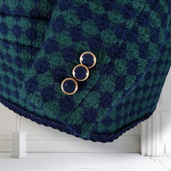 Vintage 90s Bleyle Wool Tweed Jacket 12 Green Blue Diamond Print Collared Blazer - Picture 6 of 9